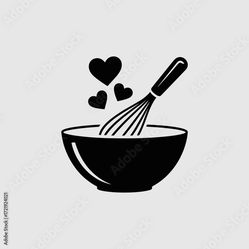 Mixing Bowl with Whisk and Hearts Icon for Cooking and Baking Love Design