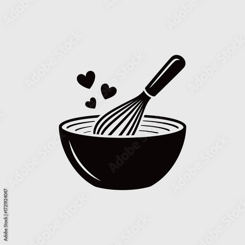 Mixing Bowl with Whisk and Hearts Icon for Cooking and Baking Love Design