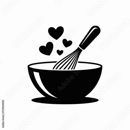 Mixing Bowl with Whisk and Hearts Icon for Cooking and Baking Love Design