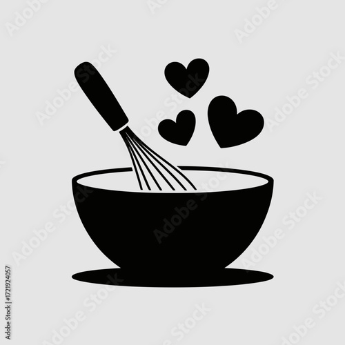 Mixing Bowl with Whisk and Hearts Icon for Cooking and Baking Love Design