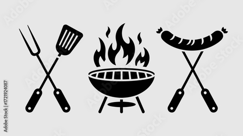 Barbecue Grill with Spatula and Sausages Icon for BBQ and Outdoor Cooking Design