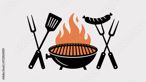 Barbecue Grill with Spatula and Sausages Icon for BBQ and Outdoor Cooking Design