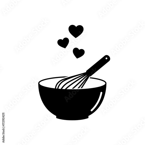 Mixing Bowl with Whisk and Hearts Icon for Cooking and Baking Love Design