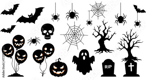 Halloween Icons Set with Pumpkins, Ghosts, Bats, Skulls, and Spooky Elements