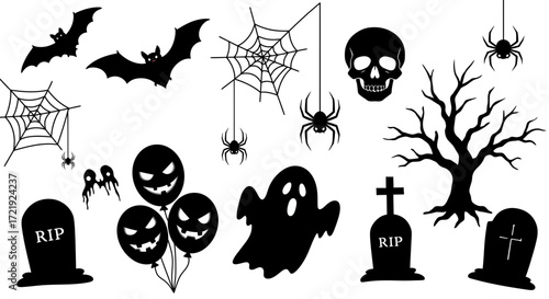 Halloween Icons Set with Pumpkins, Ghosts, Bats, Skulls, and Spooky Elements