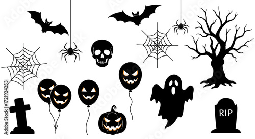 Halloween Icons Set with Pumpkins, Ghosts, Bats, Skulls, and Spooky Elements