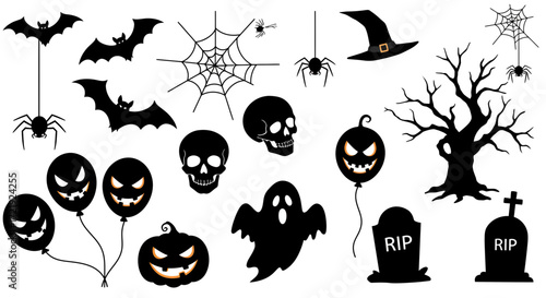 Halloween Icons Set with Pumpkins, Ghosts, Bats, Skulls, and Spooky Elements