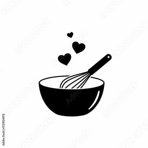 Mixing Bowl with Whisk and Hearts Icon for Cooking and Baking Love Design