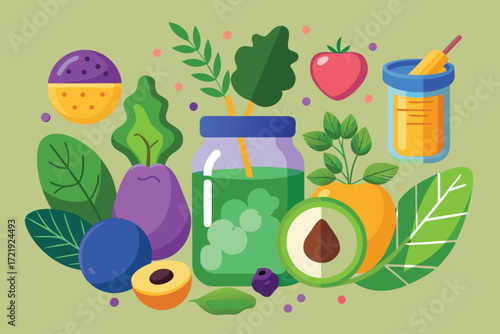 Assortment of fresh fruits vegetables and juice healthy eating