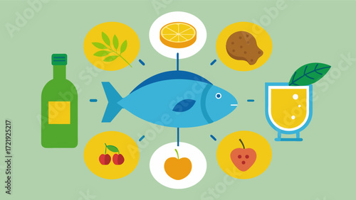 A Mediterraneanstyle diet rich in olive oil nuts and fish shown to improve memory and protect against agerelated cognitive decline.. Vector illustration