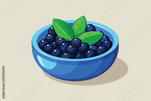 Blue bowl of blueberries with green leaves on a neutral background