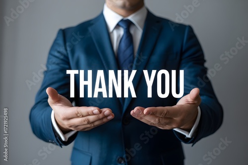 Thank you message from businessman in suit expressing gratitude and appreciation for support and kindness