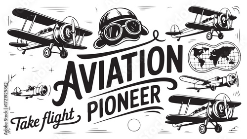 Vintage aviation pioneer illustration featuring biplanes goggles and a world map symbolizing the golden age of flight adventure and exploration