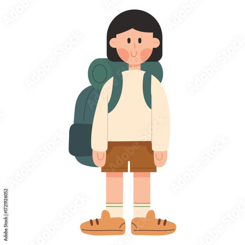 Vector cartoon illustration of traveller. Hiking, outdoor adventure, and exploration concept.