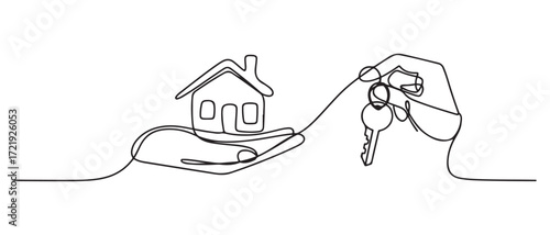 Drawing a continuous line of the house on the hand with the keys. one line Icon drawing with white background