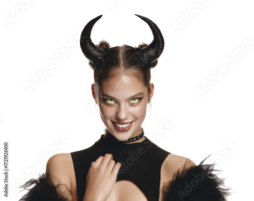 Halloween devil costume with horns and spooky expression on Transparent Background