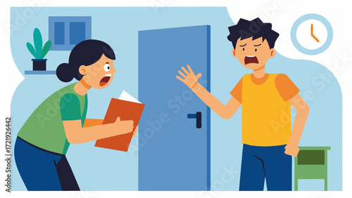 A teenager slamming their bedroom door and shouting at their parent who is trying to help them with their homework. The teenagers confusion and frustration at not understanding the. Vector