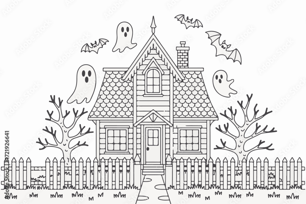 Obraz premium Haunted House Coloring Page with Ghosts and Bats for a Spooky Halloween Scene