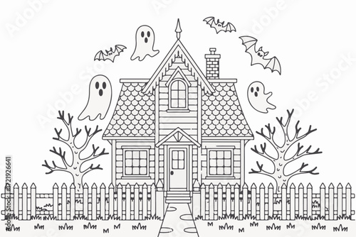 Haunted House Coloring Page with Ghosts and Bats for a Spooky Halloween Scene