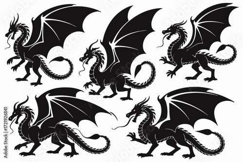 A powerful set of five black dragon silhouettes with widespread wings, embodying mythical strength and ancient legend for fantasy art and heraldic emblems