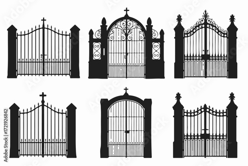 A collection of black silhouette vector illustrations of old, ornate, gothic-style wrought iron cemetery gates for vintage architectural designs