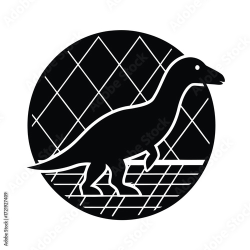 Black silhouette of a dinosaur inside a circle with a grid pattern