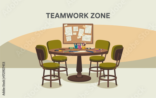 Flat vector illustration of a retro conference room with walnut table, molded plastic chairs, projector screen, and geometric ceiling light in a classic mid-century modern style