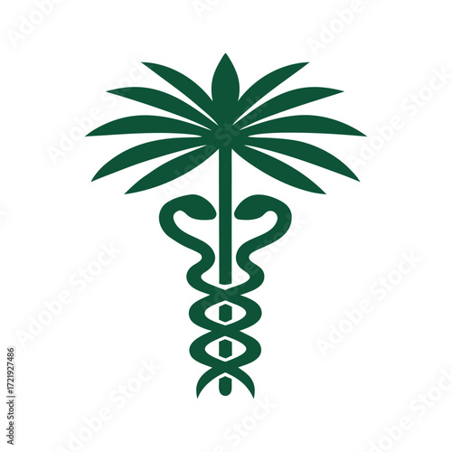 Dark green palm tree silhouette with caduceus symbol medical health