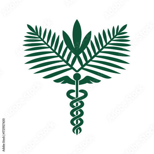 Green caduceus symbol with palm leaves and cannabis leaf medical