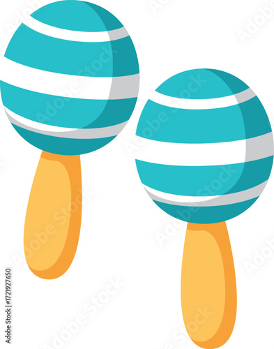 Two teal and white striped maracas with orange handles