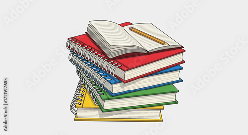 A colorful illustrated stack of spiral notebooks and an open textbook with a pencil, symbolizing education, office work, and creative writing concepts