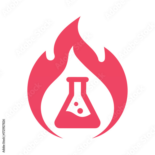 Pink flask with bubbles inside surrounded by pink flames on white background beaker science