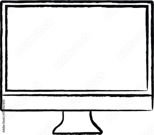 Handdrawn sketch of a desktop computer monitor with a blank screen and sturdy base.