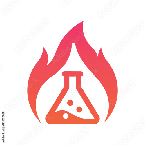 Red and orange gradient flame surrounding a laboratory flask with bubbles science chemical