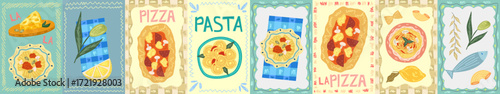 Scallop postcard food set with pasta, pizza and lemon. Italian food poster. Kitchen postcard with Italian spaghetti, cheese and fish