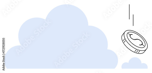 Cloud and coin floating together to portray cloud-based solutions. Ideal for finance, technology, digital transition, innovation, economic visualization, online payment system. Simple flat metaphor