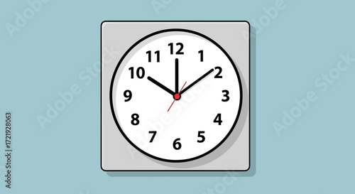 A simple graphic illustration of a square wall clock, featuring a white face and red hands, symbolizing time, schedules, and daily routines in a modern context