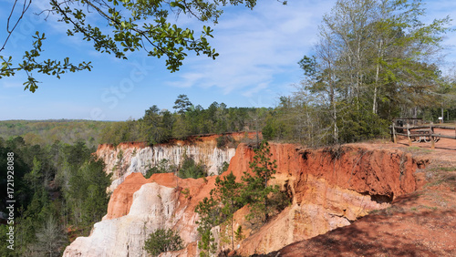 View from one of the park's scenic overlooks, showing the vastness of the canyons, picnic area and wooden railing at Providence Canyon State Park, in Georgia, USA