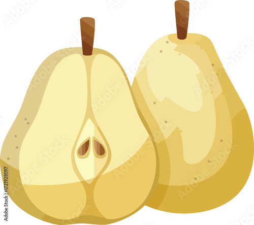 Two yellow pears one halved showing seeds and stem