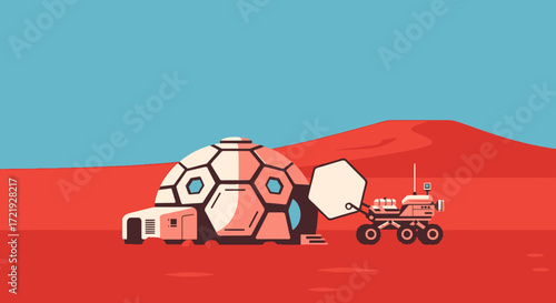 Scientific exploration of a red planet with a futuristic colony habitat and robotic rover on the Martian landscape