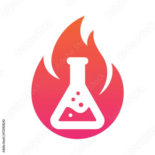 White laboratory flask with bubbling liquid inside a red orange gradient flame science beaker