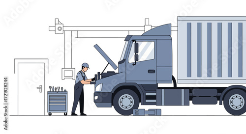 Vector illustration of a professional mechanic performing engine diagnostics and repair on a heavy-duty semi-truck in a service garage
