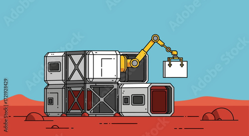 Robotic arm assembling modular habitat on a barren Mars-like planet