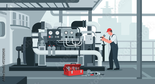 Mechanic repairing a large industrial engine with tools and equipment in a factory setting