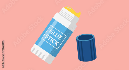 Blue and white glue stick with a removable blue cap, isolated on a light pink background, perfect for office and craft supplies