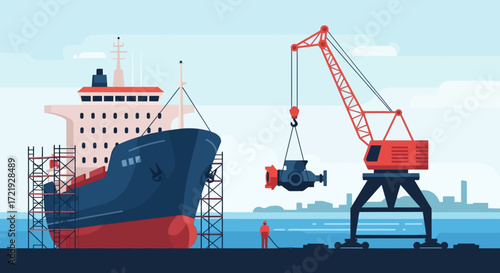 Industrial shipbuilding scene with a crane lifting a large engine for installation on a cargo ship under construction at the shipyard