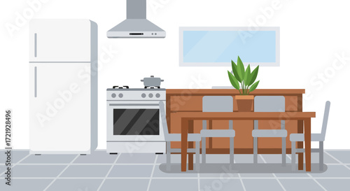 Cozy Kitchen Illustration Bright Space with Dining Area and Modern Appliances