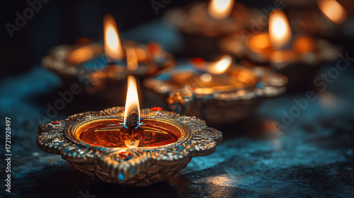 Close up shot of several diya lamps with burning wicks illuminating a dark background beautifully