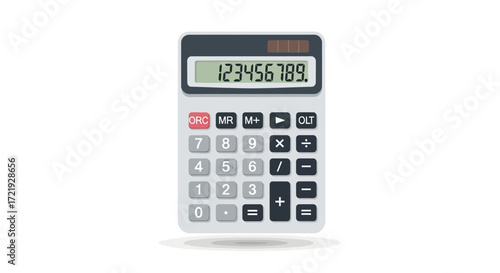 Flat design vector illustration of a digital electronic calculator for business accounting, financial planning, and mathematical calculations isolated on white