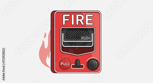 Red fire alarm pull station with flames illustration - safety equipment for offices and buildings